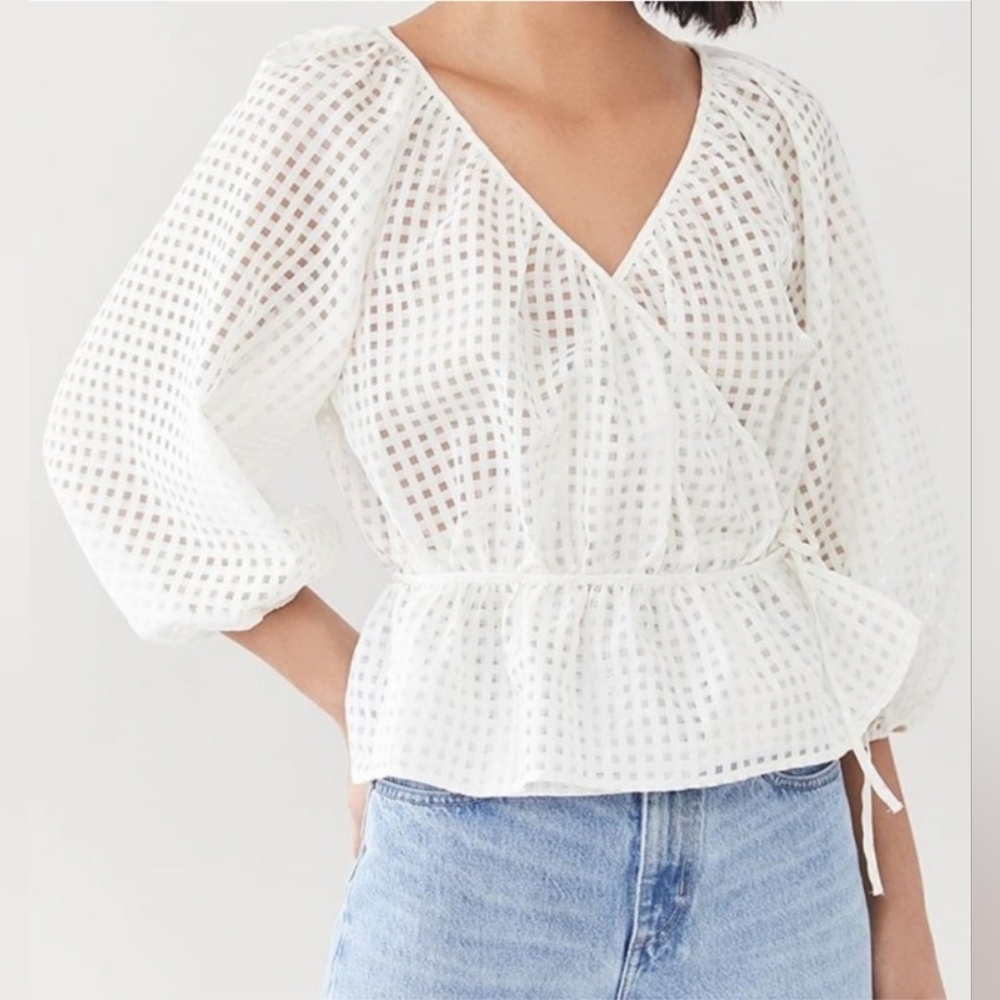 Levi’s White Delilah Wrap Top Puff Sleeve Sheer Windowpane Sugar Swizzle